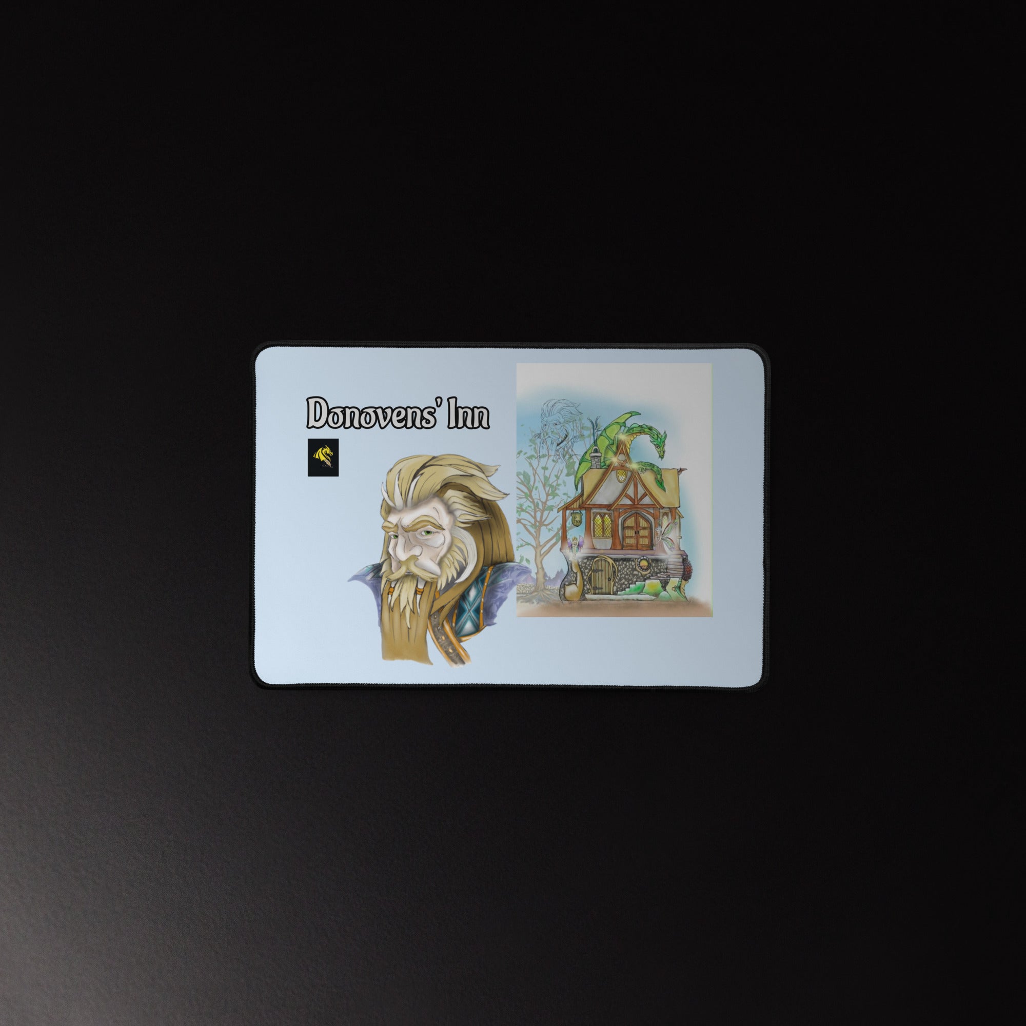 Card with illustration of a beard, house, and 'Donovens' Inn' text on a dark background