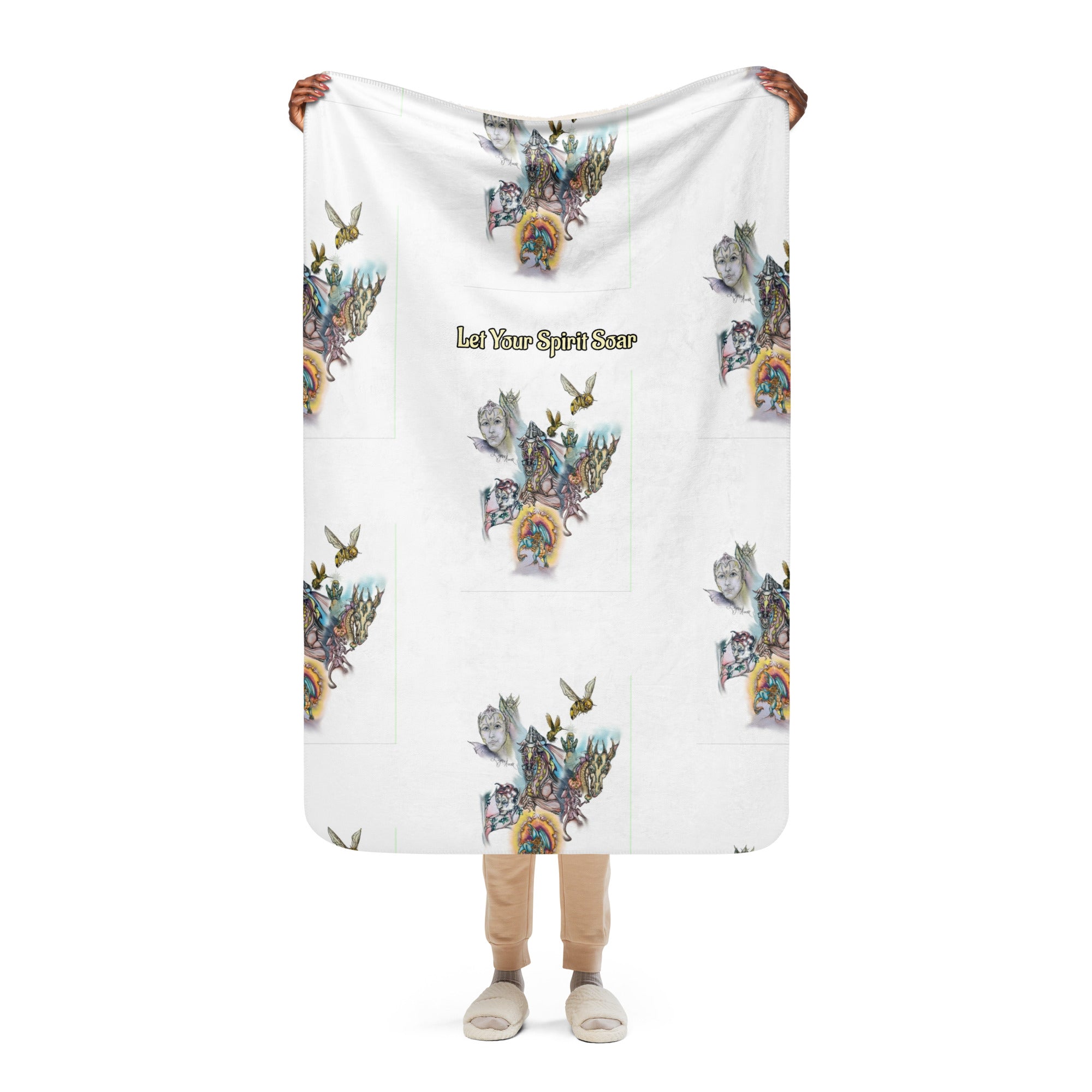 Person holding a white blanket with colorful animal designs and text on a white background
