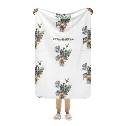 Person holding a white blanket with colorful animal designs and text on a white background