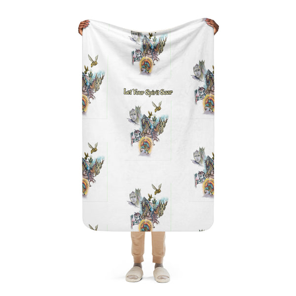 Person holding a white blanket with colorful animal designs and text on a white background