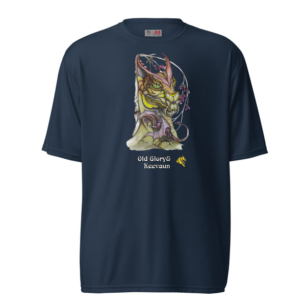 Navy blue t-shirt with a dragon graphic and text on a white background