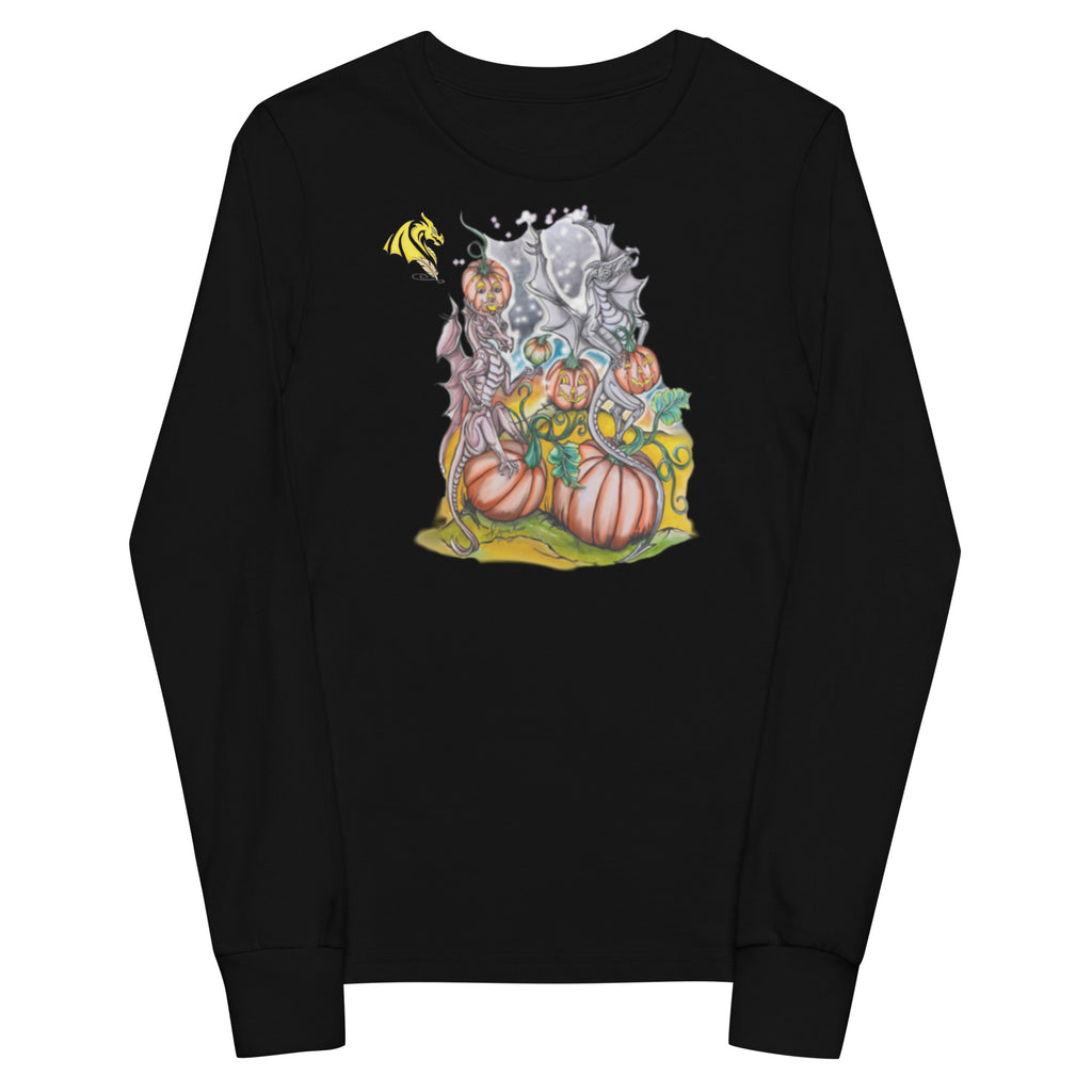 A black long-sleeve crewneck sweatshirt featuring a colorful graphic print on the front with pumpkins, bats, a dragon, and a ghostly figure.