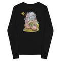 A black long-sleeve crewneck sweatshirt featuring a colorful graphic print on the front with pumpkins, bats, a dragon, and a ghostly figure.