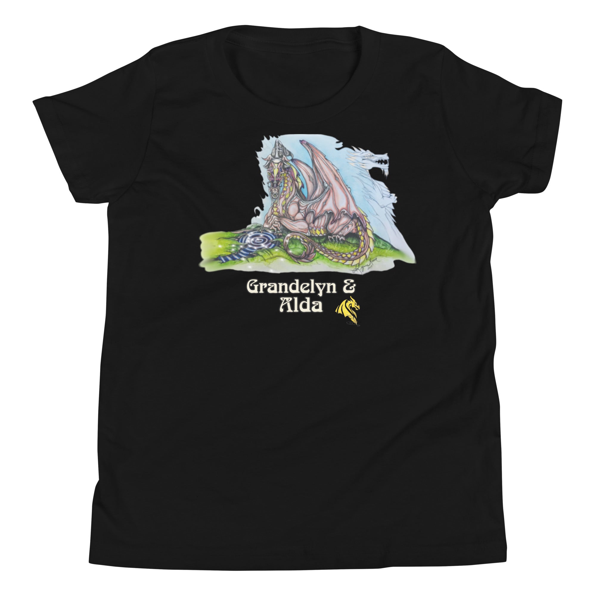 Black t-shirt with a dragon graphic and text on a white background
